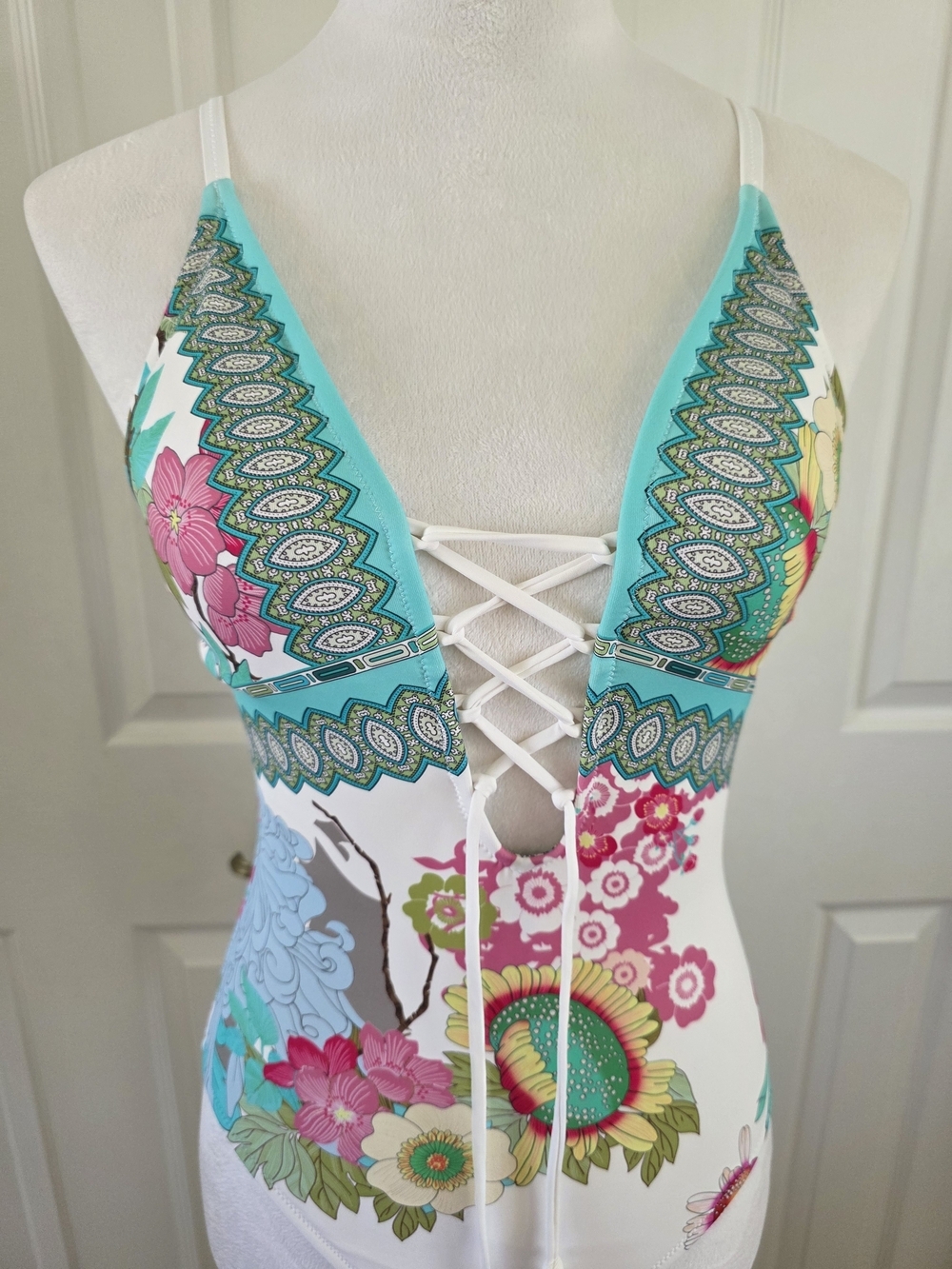 Johnny Was Cora Lace Up One Piece Swimsuit Blue Floral Print SZ S Boho Resort - Picture 4 of 14